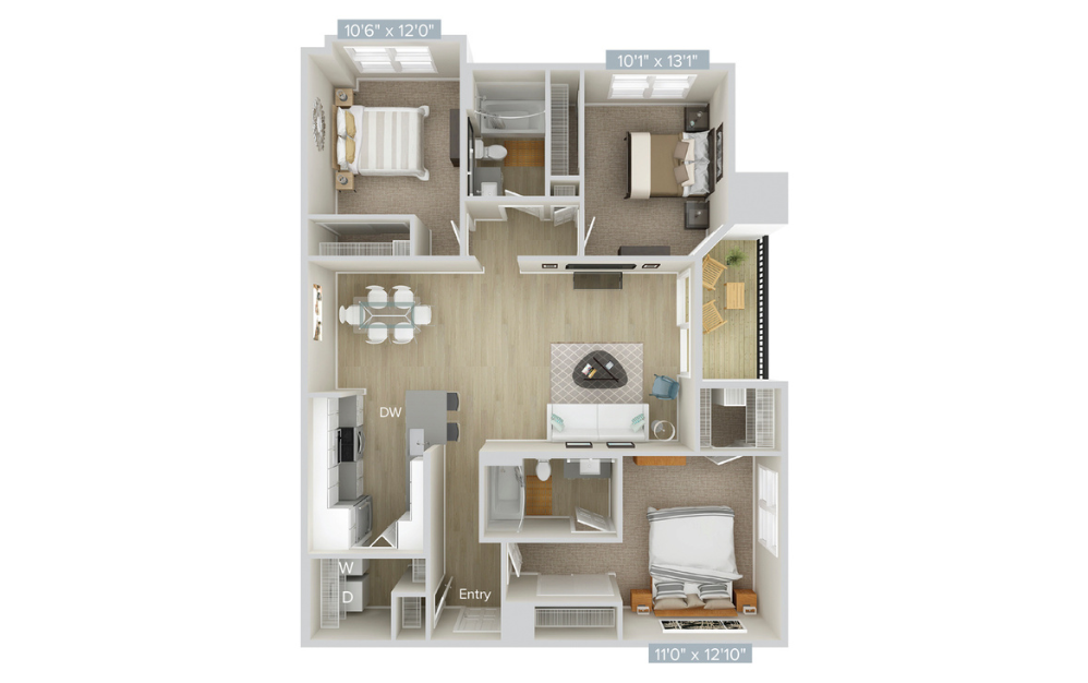 CF1 - 3 bedroom floorplan layout with 2 bathrooms and 1295 square feet (Version 1 )