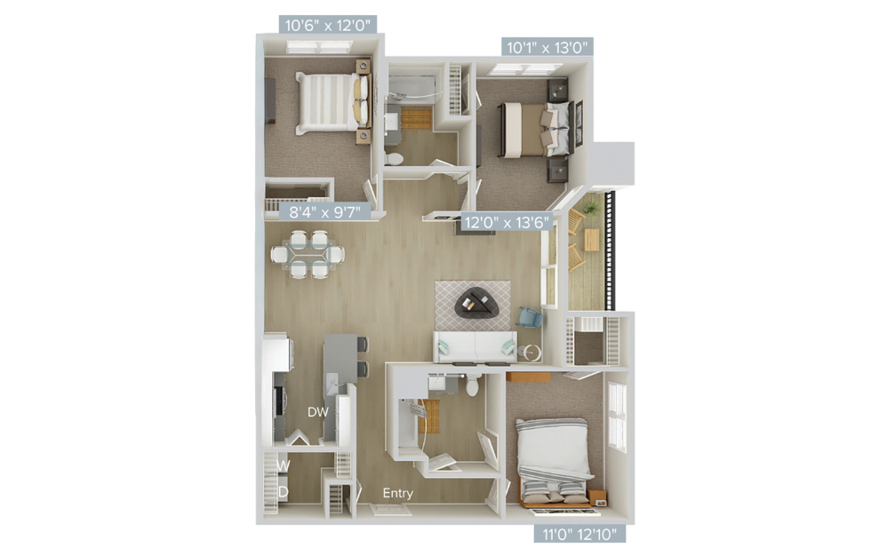 CF1 - 3 bedroom floorplan layout with 2 bathrooms and 1295 square feet (Version 1 )